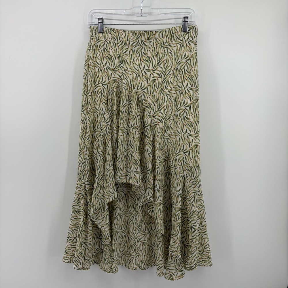 &merci Womens Medium Green Leaf Print High-Low Ruffle Midi Skirt‎ Elastic Waist